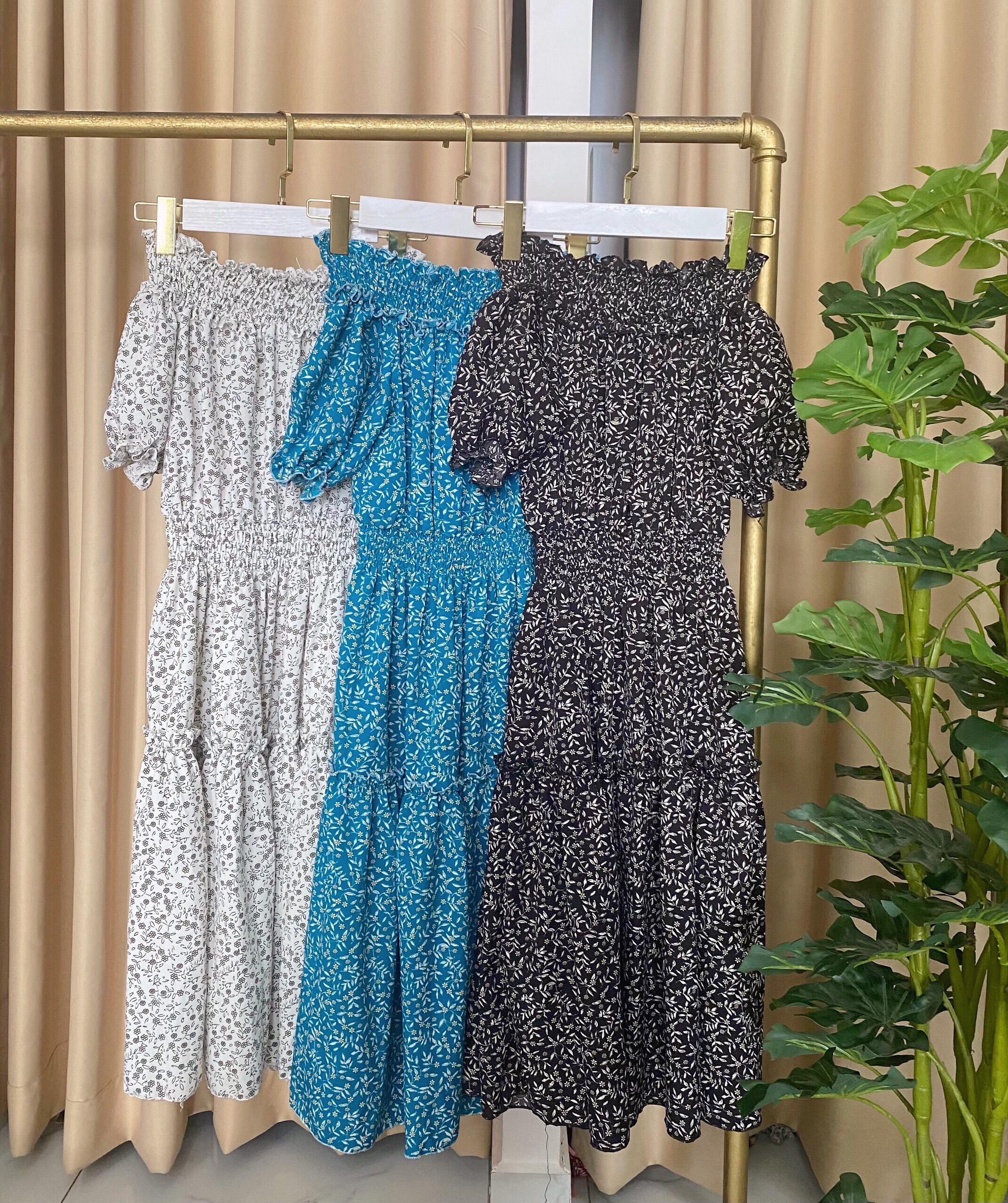 Váy nữ thời trang trễ vai tiểu thư, kiểu bẹt vai nhúng eo,bộ váy đầm dài công chúa chất bao mát không nhăn, V004