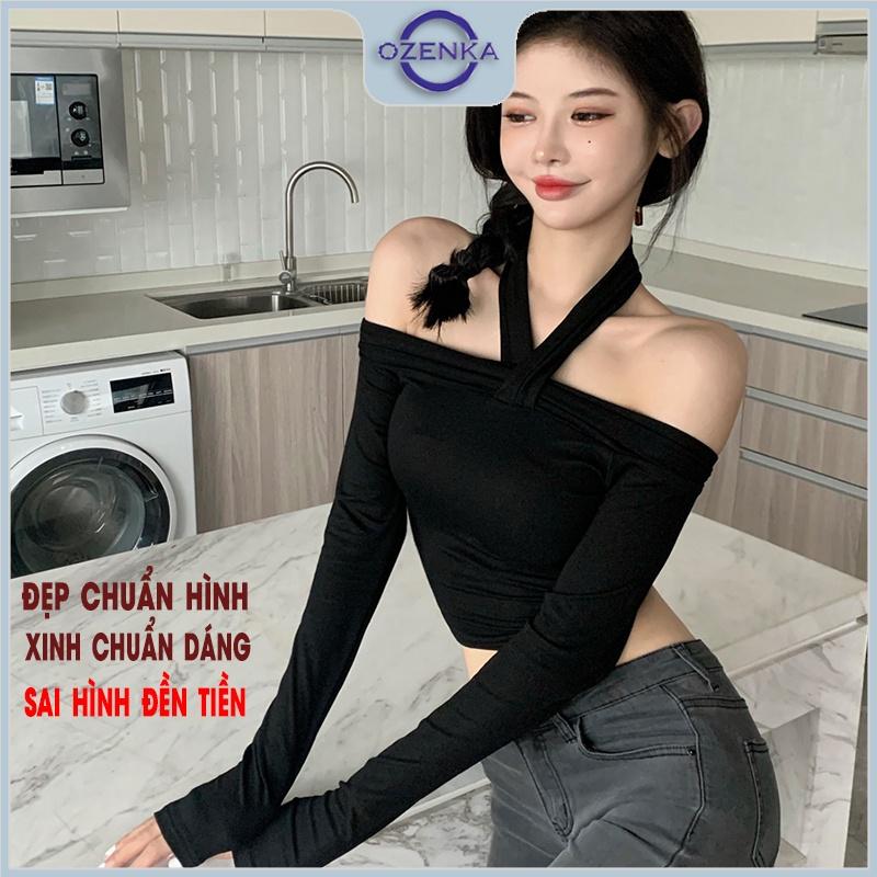 Áo croptop nữ tay dài trễ vai cổ v OZENKA , áo crt ôm body thun 100% cotton màu đen trắng gợi cảm dưới 55 kg