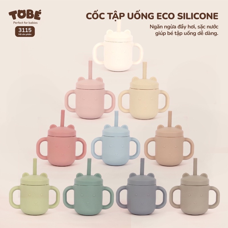 Cốc Tập Uống Kèm Ống Hút Eco Silicone- Hàng cao cấp nhập khẩu Hàn Quốc ngăn ngừa đầy hơi, sặc nước giúp bé tập uống dễ dàng