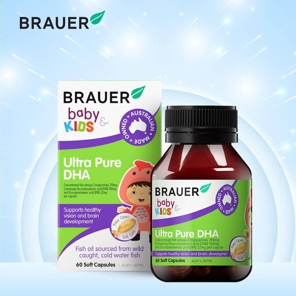 Viên uống Vitamin Brauer Ultra Pure DHA Bổ sung DHA tinh khiết cho trẻ từ 7 tháng 60 Viên