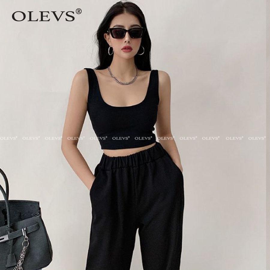 Áo hai dây liền thân cổ chữ U OLEVS-AH108, chất vải thun đẹp may hai lớp, dáng lửng croptop