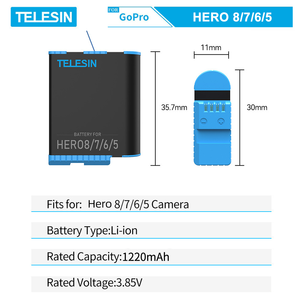 Combo sạc 3 + 2 viên pin TELESIN cho GoPro Hero 5, GoPro Hero 6, GoPro Hero 7, GoPro Hero 8, GoPro new Hero 2018