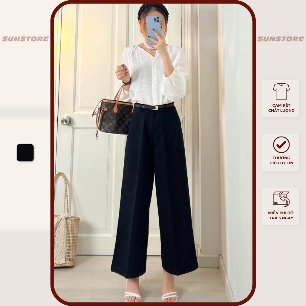 Quần lửng ống rộng nữ culottes lưng cao cạp cao vải dáng suông màu nâu và đen - Sunstore - Đen, Đen