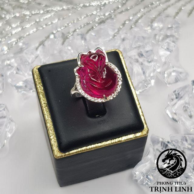 NHẪN BẠC CỬU VỸ HỒ LY ĐỎ ĐẬM