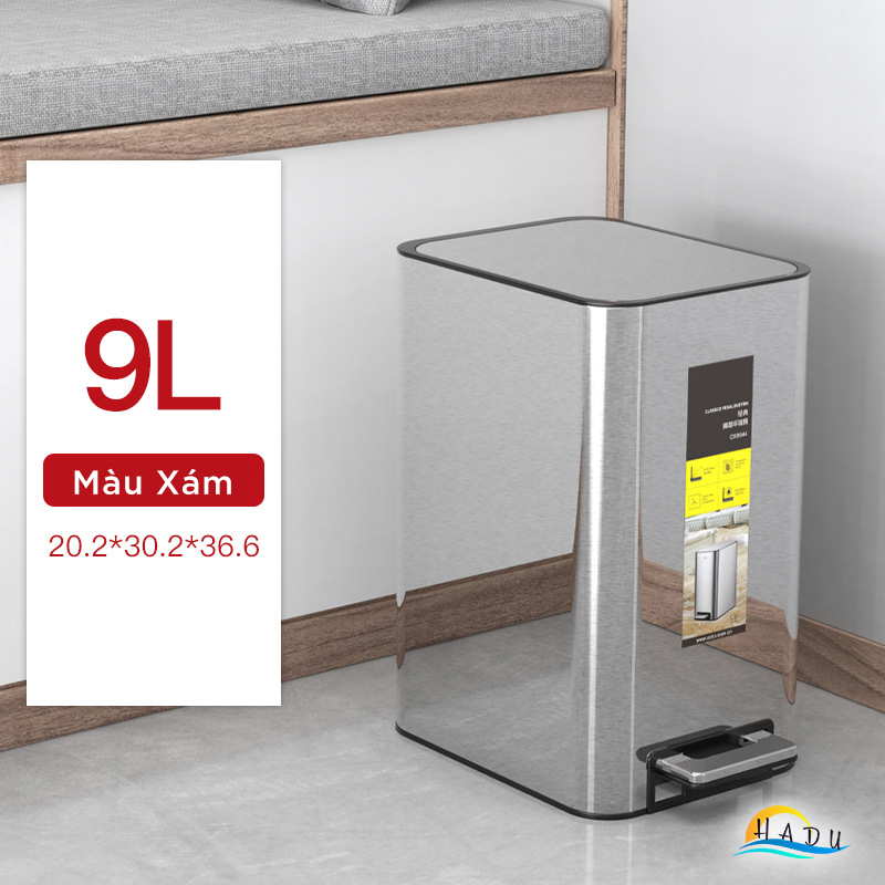 Thùng Đựng Rác Nhà Vệ Sinh Nhà Bếp Có Nắp Cao Cấp Inox 9 Lít Khử Mùi Than Hoạt Tính Chống Bụi Bẩn CCKO