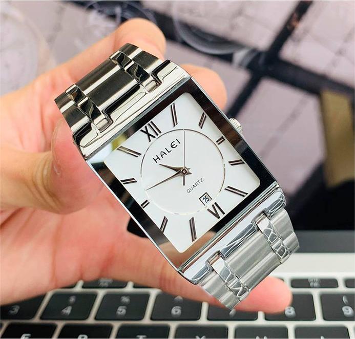 Đồng Hồ Nam Halei 564 Mặt Vuông Thời Trang Cao Cấp - Mặt Trắng Dây Trắng