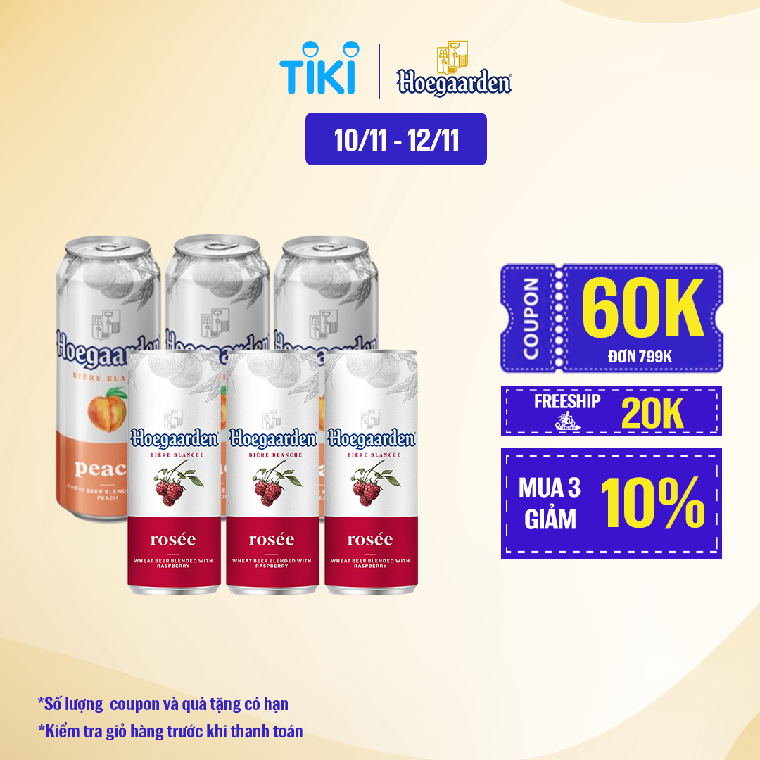 Lốc 6 Hoegaarden Trái Cây Mix Vị (3 Lon Hoegaarden Rosee 330ml và 3 lon Hoegaarden Peach 500ml)