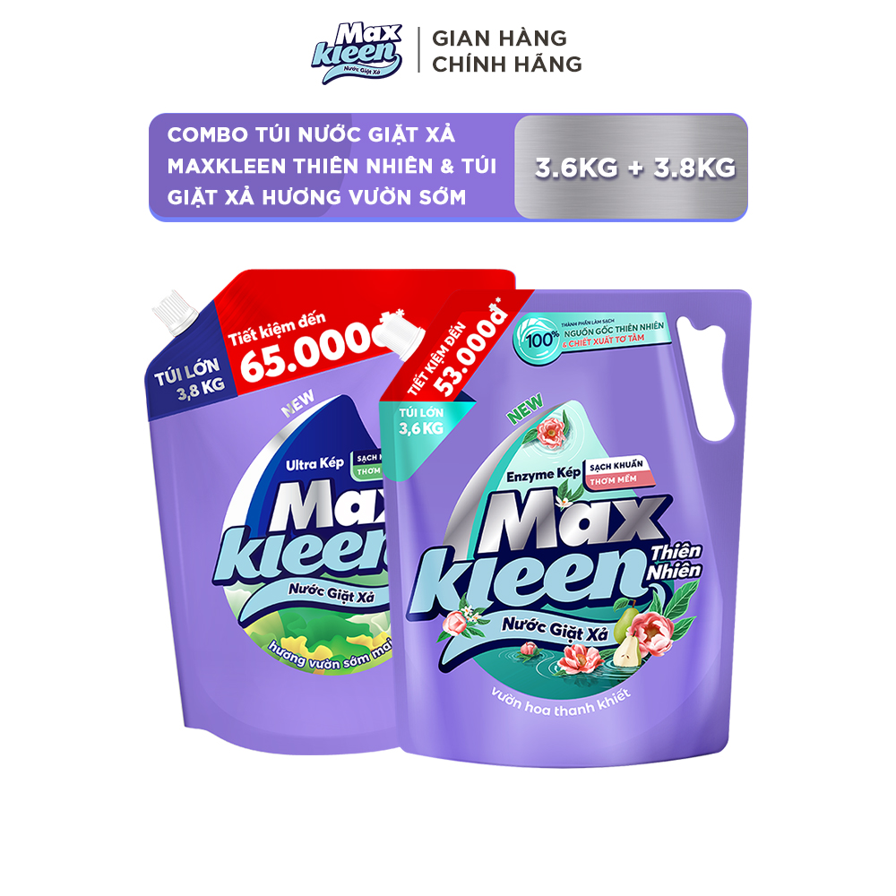 Combo Túi Nước Giặt Xả MaxKleen Thiên Nhiên 3.6kg & Túi Giặt Xả Hương Vườn Sớm Mai 3.8kg