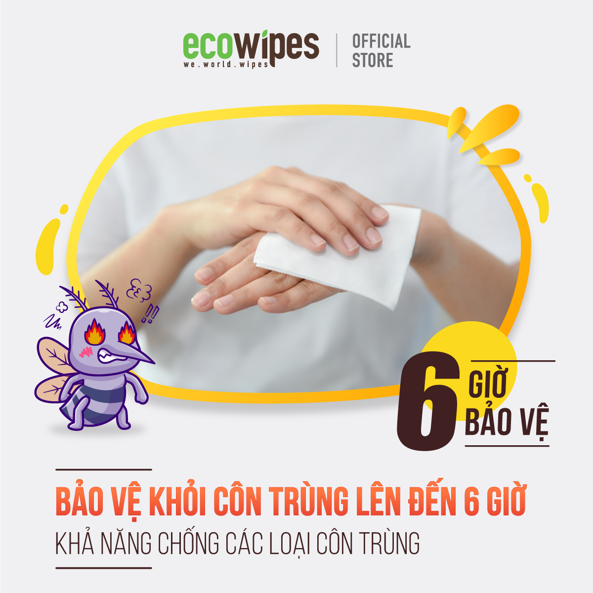 Khăn ướt chống muỗi Ecowipes gói 10 tờ Mosquito Repellent Wipes giúp làm sạch vết mẩn ngứa vừa chống muỗi đốt lên đến 6h an toàn cho làn da nhạy cảm của trẻ