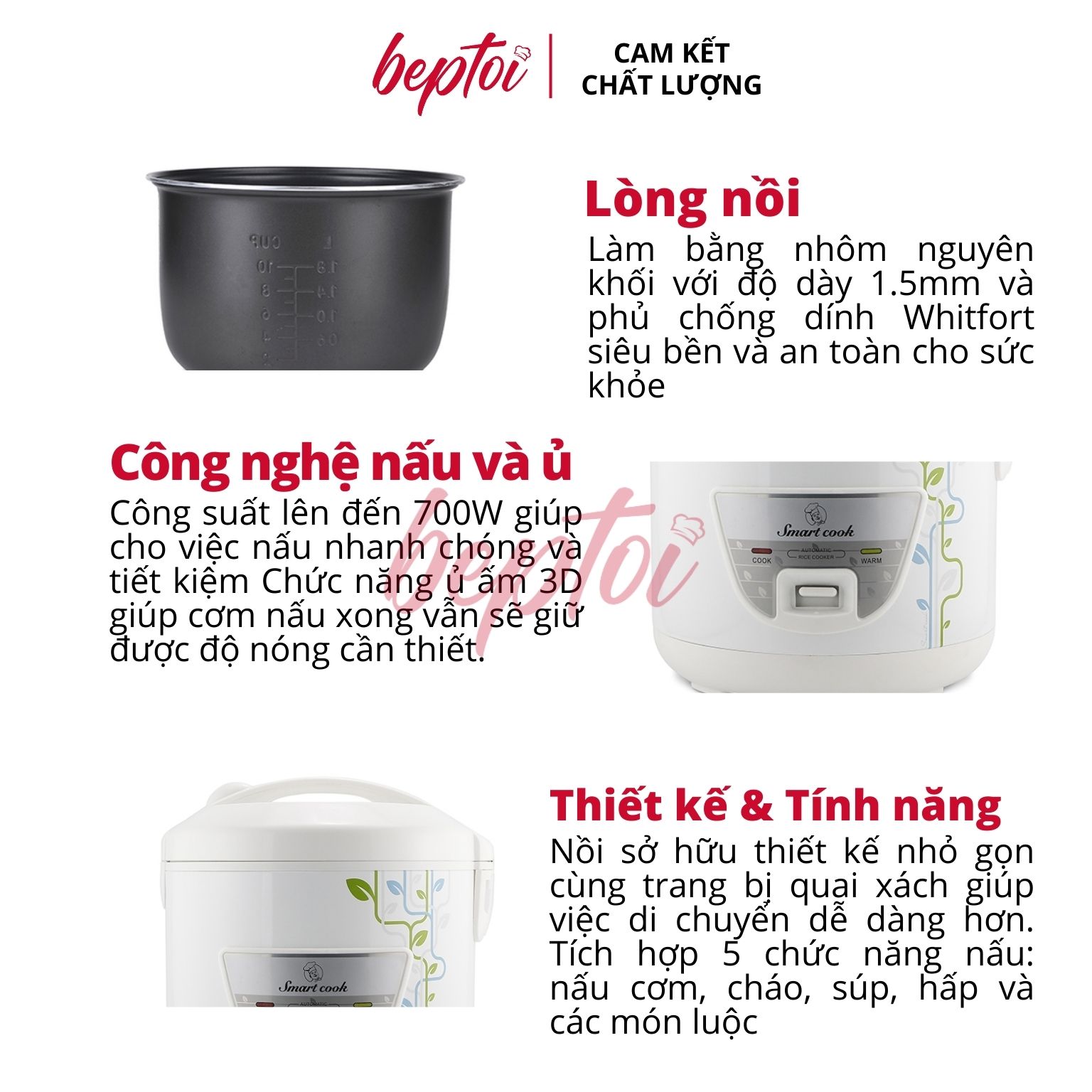 Nồi cơm điện nắp gài Smartcook RCS-1788, nồi cơm điện cao cấp 1.8 Lít - Hàng chính hãng