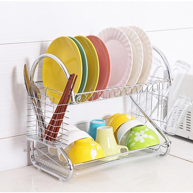 Kệ giá úp bát và đĩa 2 tầng di động chất liệu inox có khay hứng nước
