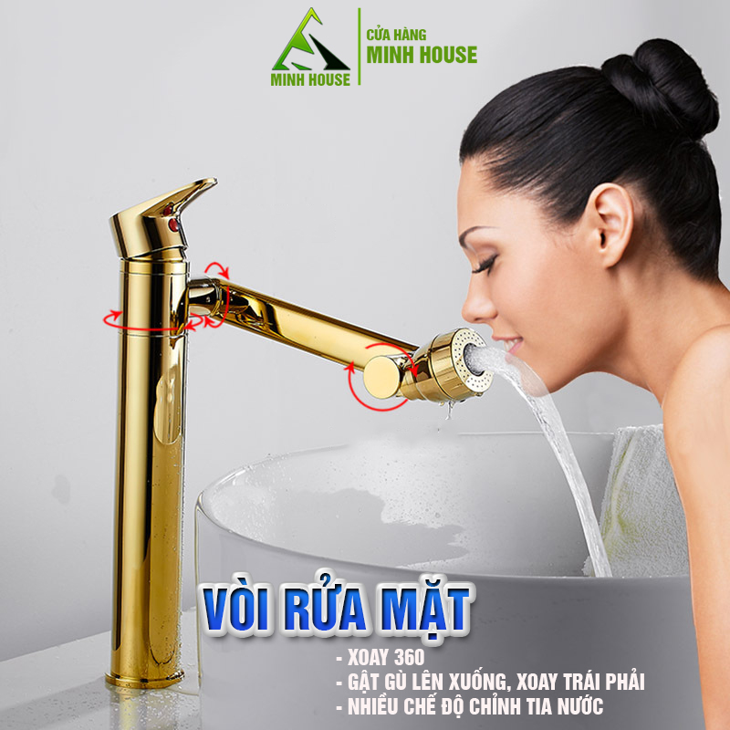 Vòi rửa mặt Lavabo cổ xoay 720 độ đa chiều, củ đồng, thân cao, mạ vàng, điều chỉnh nhiều chế độ tia nước Minh House