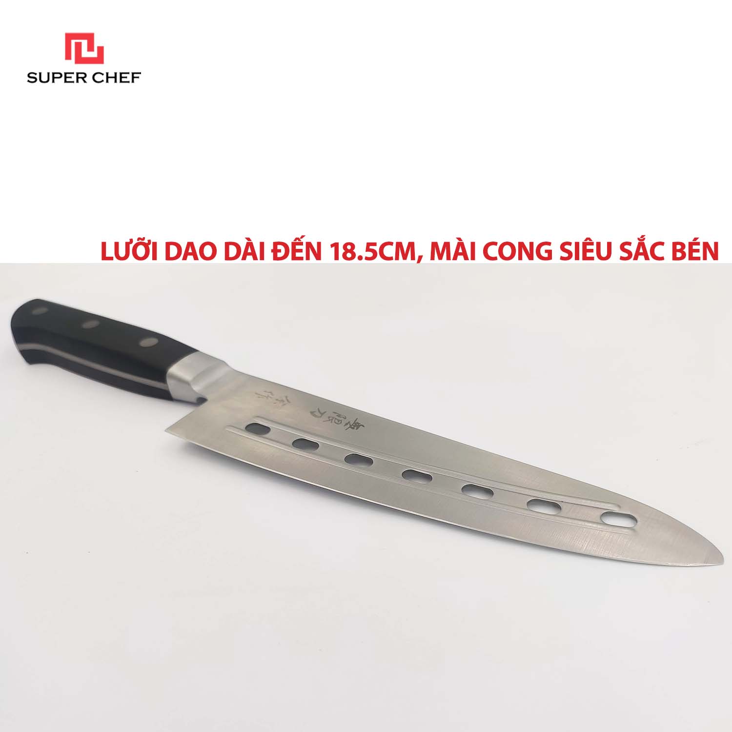 Dao Bếp Gyuto Dài Đa Năng Chính Hãng Super Chef Lưỡi Thép Cao Cấp, Không Gỉ Sét, Không Ăn Mòn, An Toàn Thực Phẩm, Công Nghệ Nhật Siêu Sắc Bén, Lâu Cùn Siêu Bền Và Tiện Lợi ( Lưỡi dài 18.5cm)