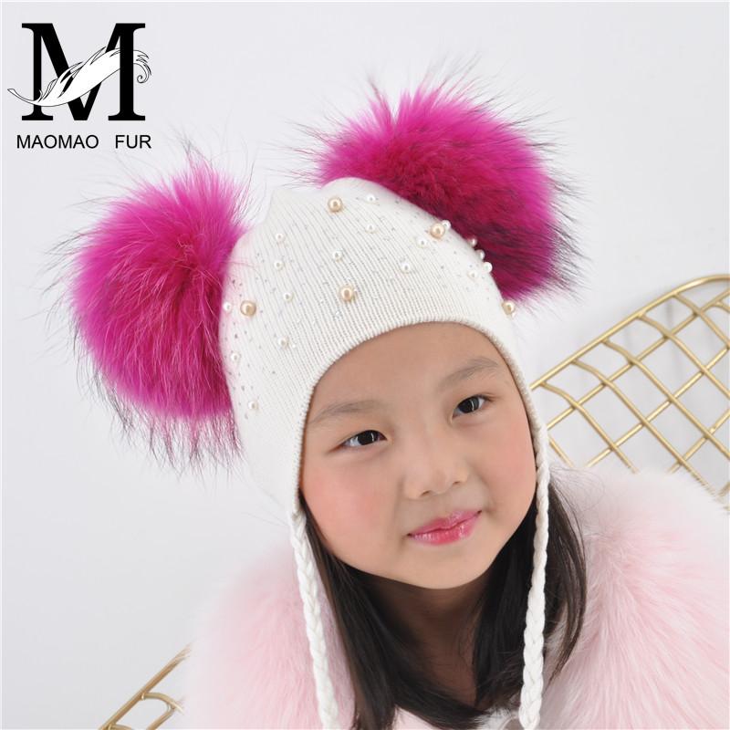 Trẻ Em Mùa Đông Ấm Áp Mũ Đôi Lông Pom Pom Beanie Len Dệt Kim Mũ Cho Bé Bé Trai Bé Gái Thật Gấu Trúc Lông Bóng bò Mũ Bonnet