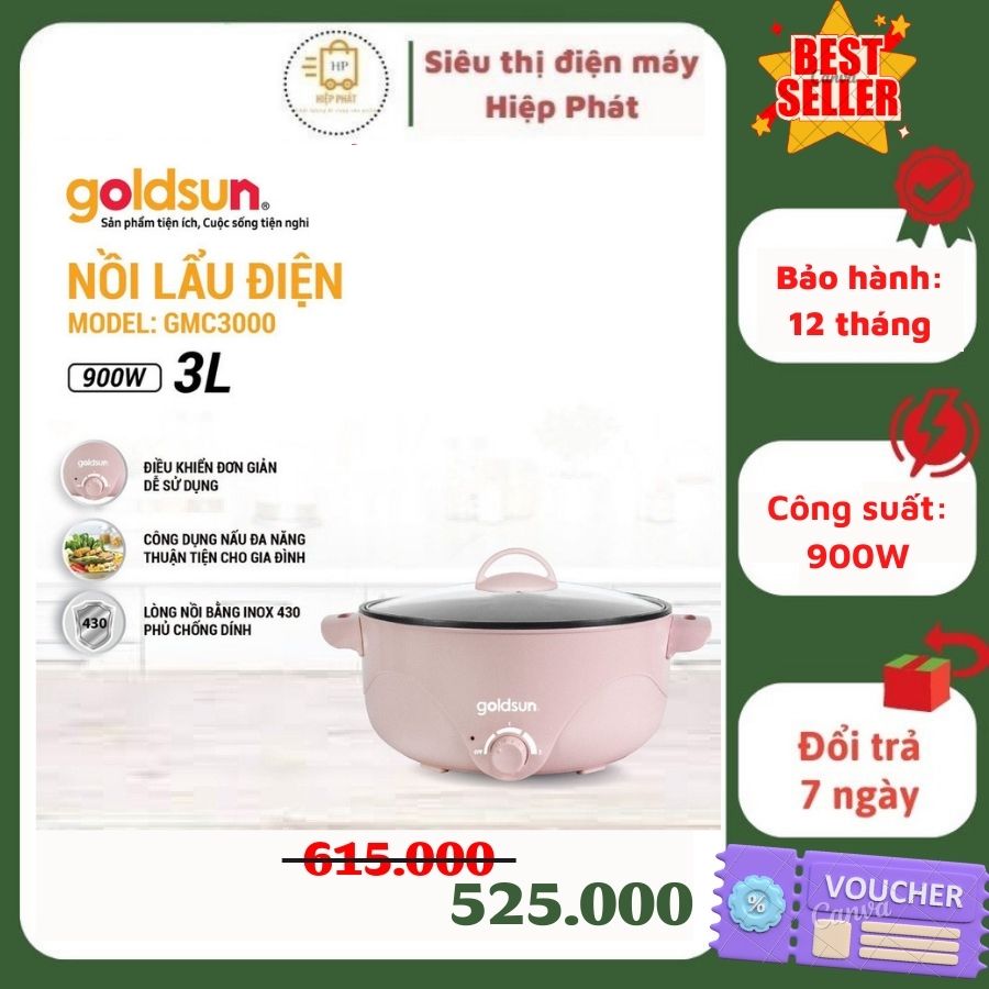 Nồi lẩu điện đa năng Goldsun GMC3000, dung tích 3L, công suất 900W, dùng nấu lẩu, chiên, xào, hấp - Hàng chính hãng