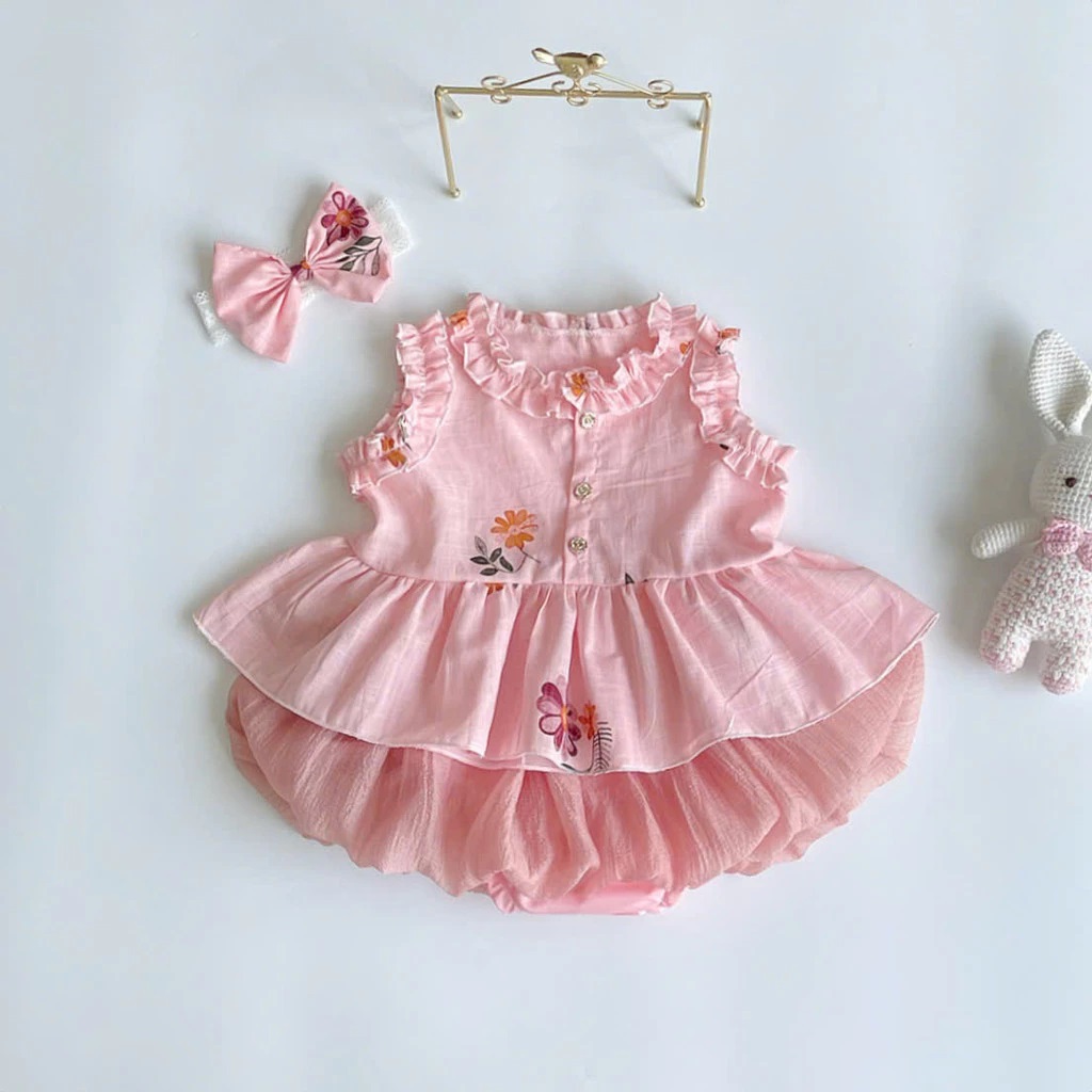 Set Bộ Áo Sát Nách Viền Bèo Thêu Hoa Quần Đùi Bí Cho Bé Gái Sơ Sinh 1 2 Tuổi Từ 3-11kg Dành Cho Bé Gái