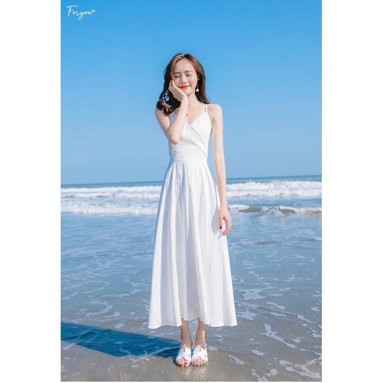 Váy 2 dây FORYOU đầm maxi xẻ ngực nơ lưng dáng xòe đi chơi đi biển - Lucia Dress