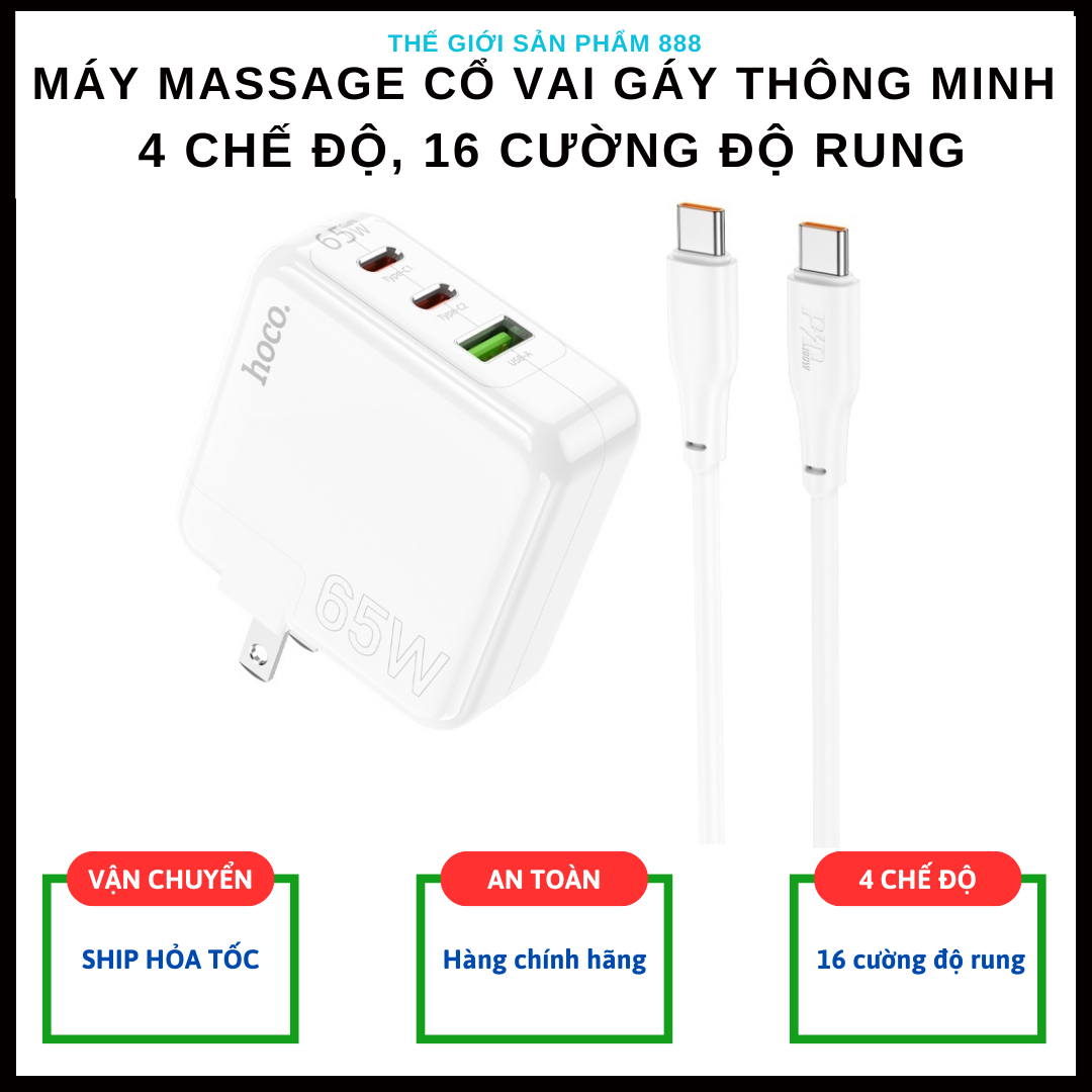 Bộ sạc nhanh 65W chân sạc Typec cao cấp cho điện thoại tiện lợi với 2 cổng type-C, 1 cổng USB an toàn chống cháy nổ - Hàng nhập khẩu