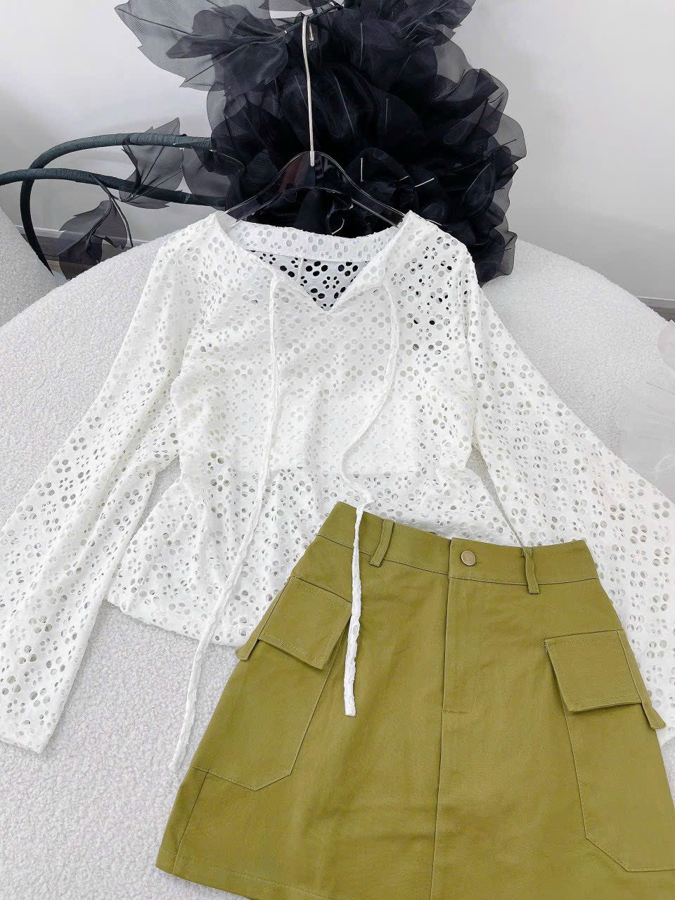 ĐẦM SET CHÂN VÁY NGẮN LƯNG CAO TÚI HỘP + ÁO LƯỚI TAY LOE DẠO PHỐ ĐI BIỂN DỰ TIỆC
