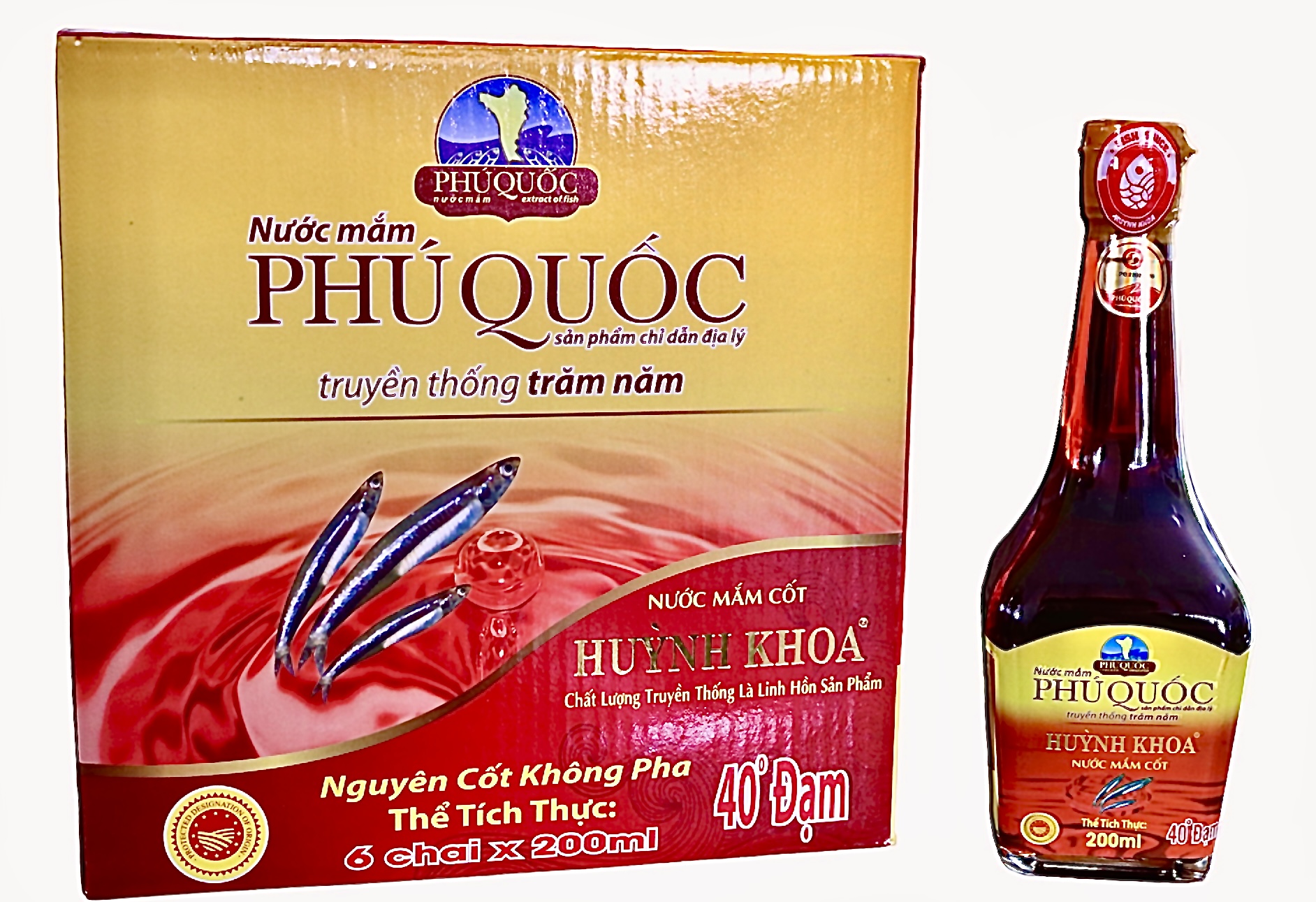 Đặc Sản Kiên Giang - Nước mắm truyền thống Phú Quốc Huỳnh Khoa - 40 độ đạm - Chai 200ml Hộp 6 chai