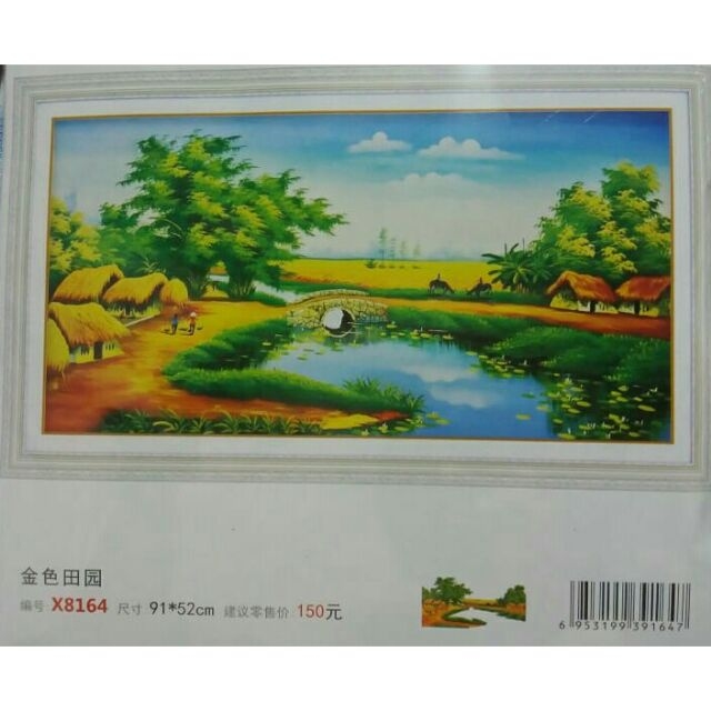 Tranh thêu chữ thập Phong Cảnh Làng Quê chưa thêu