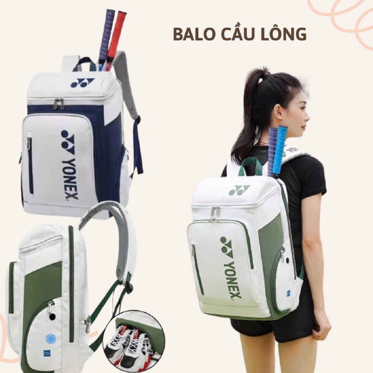 Balo học sinh sinh viên Yonnex , sức chứa lớn, phom cứng cáp, chống thấm nước, balo thể thao cầu lông tennis pickleball nhiều màu size lớn 47cm