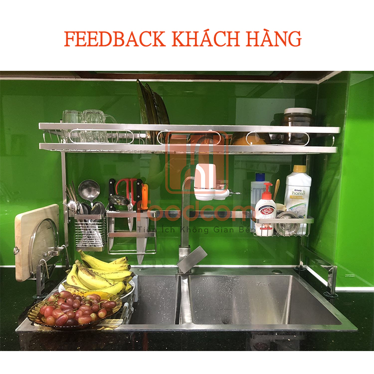 Kệ chén bát đa năng Foodcom kích thước 86cm 1 tầng dùng cho bồn đôi bằng inox cao cấp không han gỉ giá để bát trên bồn rửa ráo nước cho nhà bếp sạch sẽ tiết kiệm không gian căn bếp gia đình bạn