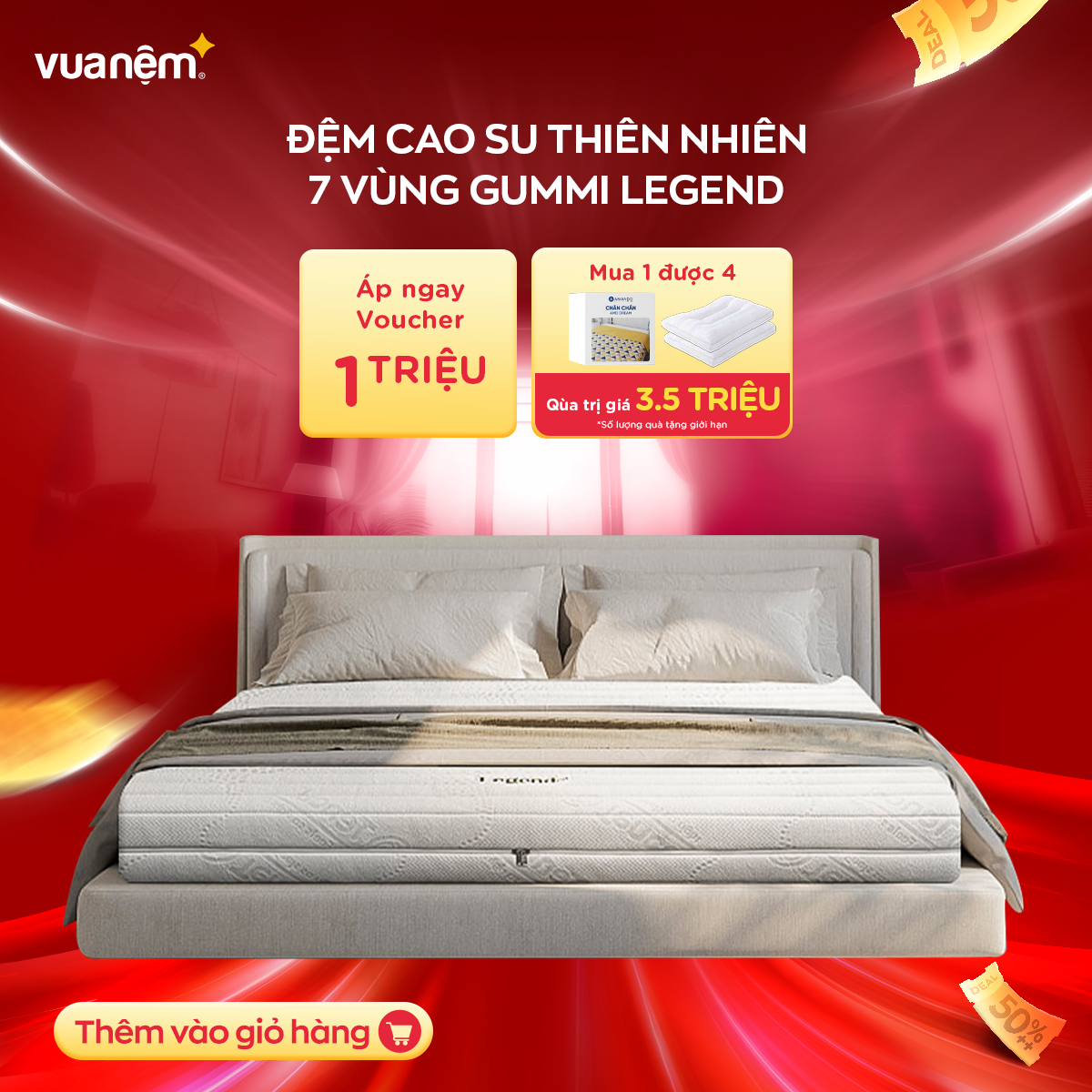 Nệm cao su thiên nhiên 7 vùng Gummi Legend thoáng mát, nâng đỡ đa vùng, bảo vệ xương khớp