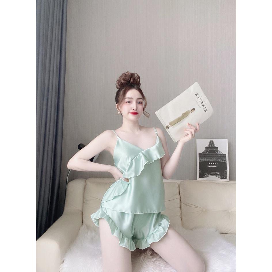 Sét đồ ngủ 2 dây quần đùi bèo chéo tà lụa satin dễ thương, đồ bộ cao cấp
