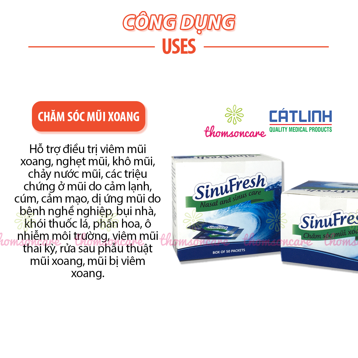 Muối biển rửa mũi Sinufresh của Cát Linh - Hộp 50 gói - Giảm khô, đau, hết ngạt, chảy nước mũiii, xoang