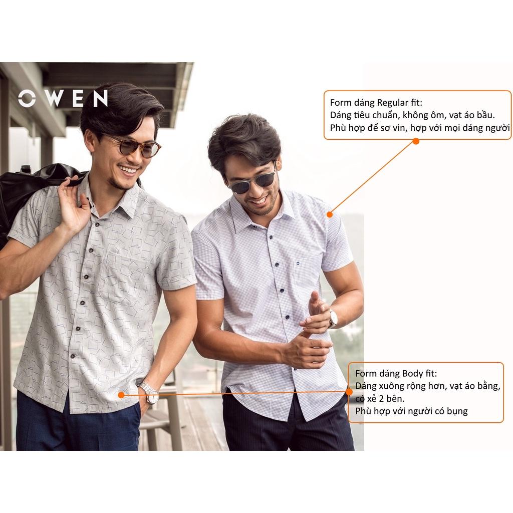 OWEN - Áo Sơ mi ngắn tay Owen REGULAR FIT chất sợi sen màu xanh kẻ ô 220088