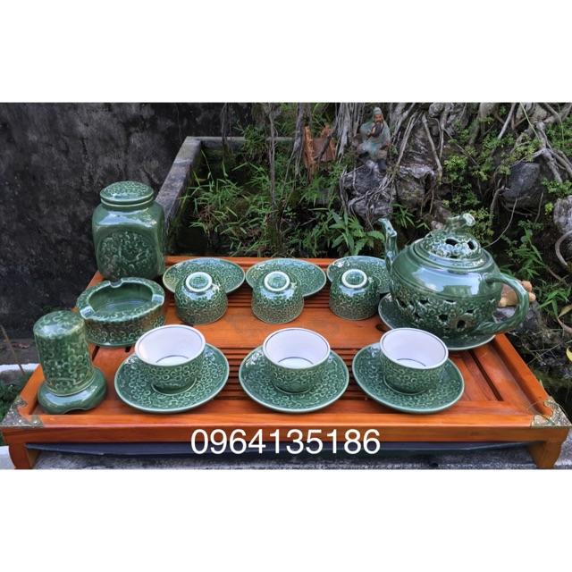 BỘ ẤM CHÉN HAI LÒNG KHẮC NỔI HOA ĐÀO GỐM SỨ BÁT TRÀNG