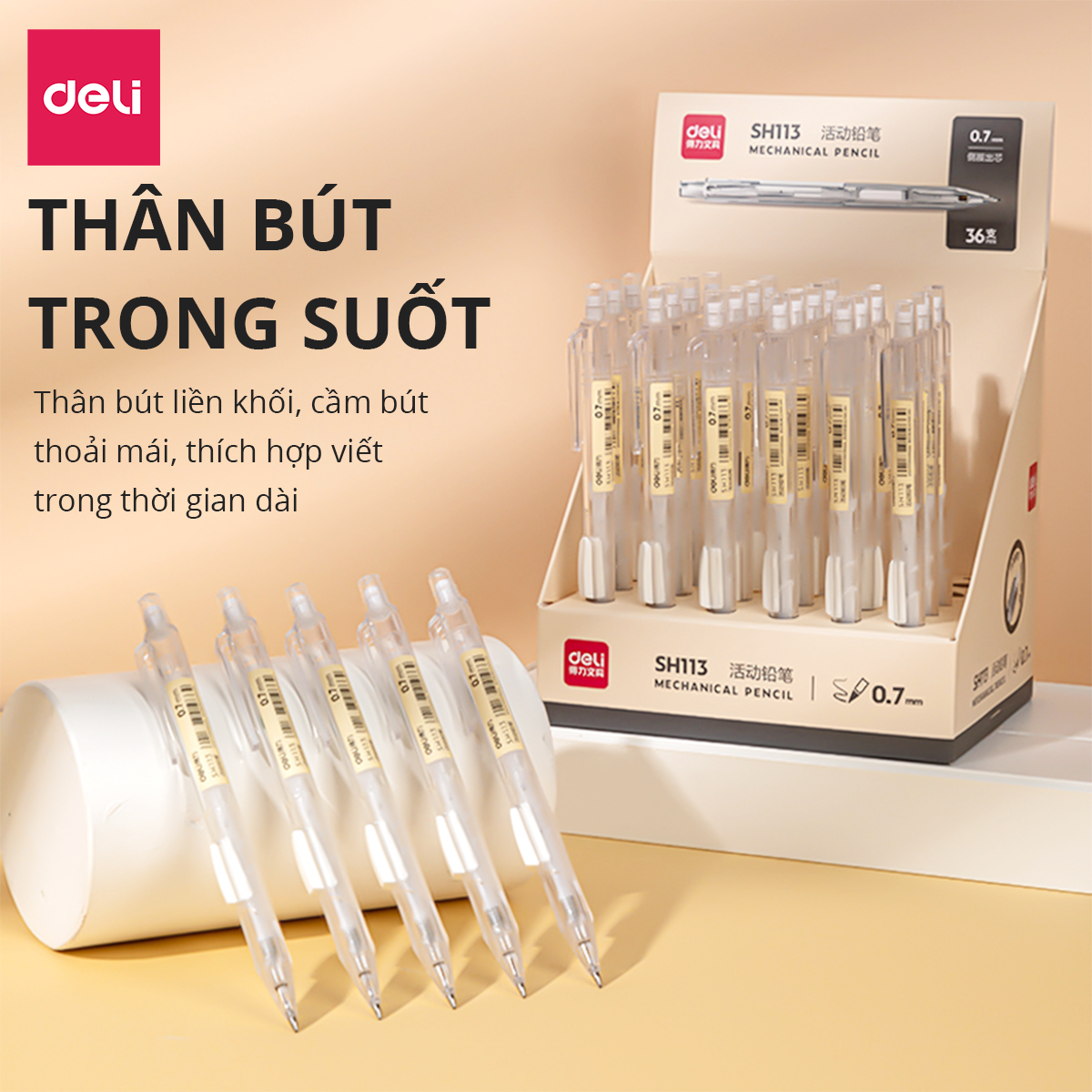 Bút Chì Kim Cơ Học Vỏ Trong Suốt 0.5mm 0.7mm Deli - Cao Cấp Kèm Đầu Tẩy Dành Cho Học Sinh Văn Phòng - SH102 SH103 SH112 SH113