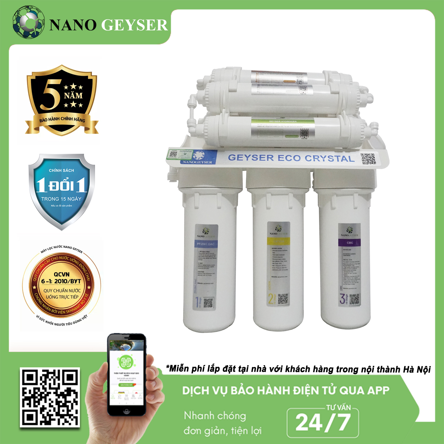 Máy lọc nước Nano Geyser ECO CRYSTAL công nghệ lọc UF - Hàng Chính Hãng