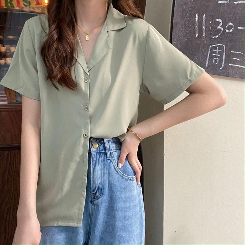 Áo sơ mi kiểu công sở tay ngắn cổ vest nữ form rộng đẹp 6 màu vintage Hàn Quốc