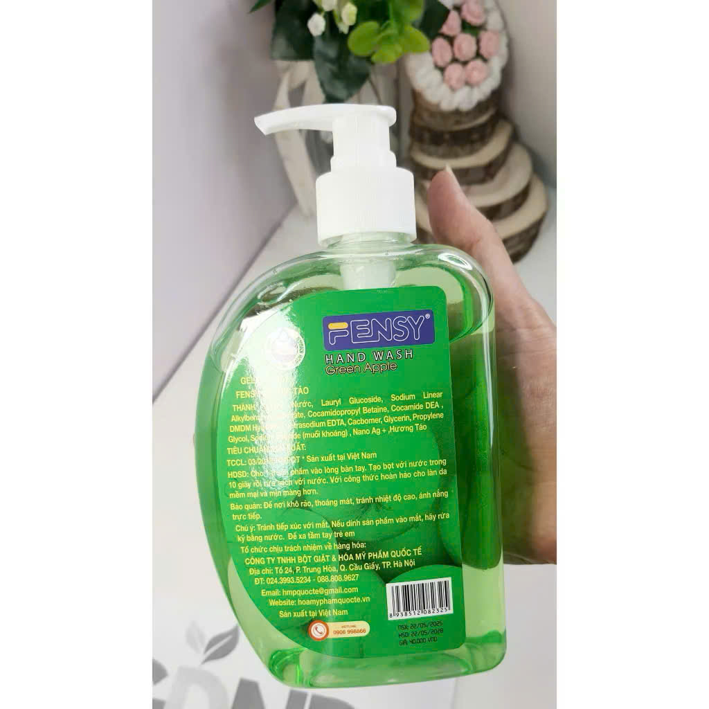 Nước rửa tay Fensy táo xanh 500ml - Hương táo tươi mát, làm sạch nhẹ nhàng, diệt khuẩn tối ưu