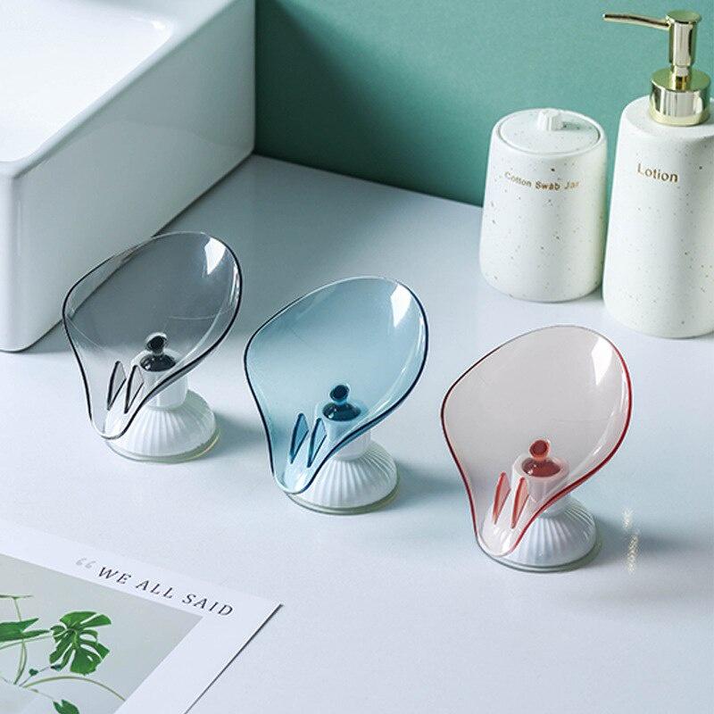 Punch-free Soap Box Leaf Shape Drain Soap Holder Bathroom Soap Suction Storage Rack Rotatable Kitchen Bathroom Accessory