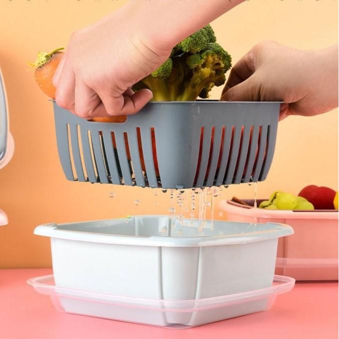 Rổ Nhựa Kèm Chậu 2 Trong 1 Rửa Rau Củ, Trái Cây, Thiết Kế Thông Minh Tiết Kiệm Không Gian