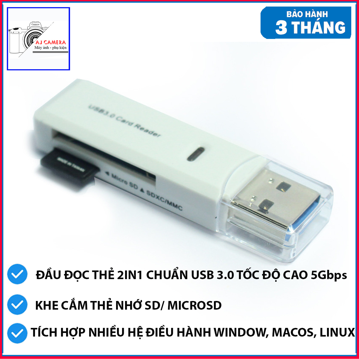 Đầu đọc thẻ nhớ SD, TF (MicroSD) USB 3.0 đa năng 2IN1 tốc độ cao 5 Gbps tương thích nhiều hệ điều hành Window, MacOs, Linux