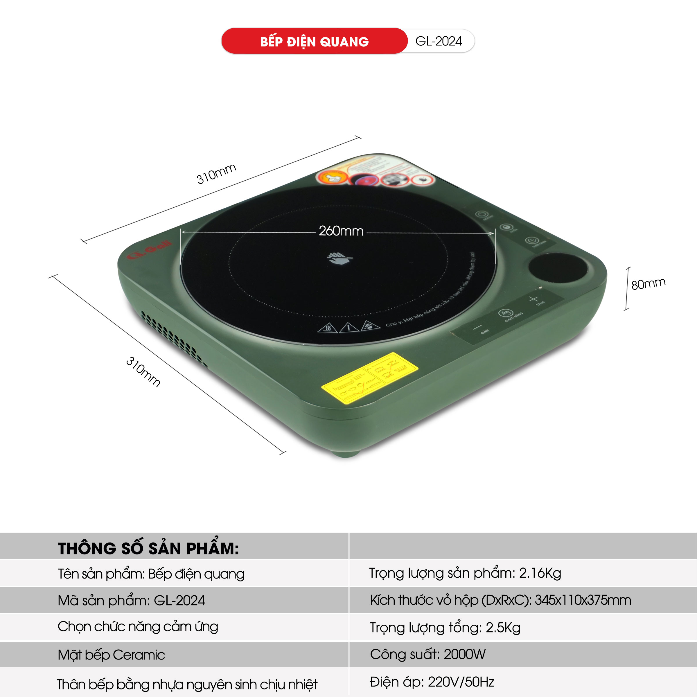 Bếp Điện Quang Gali GL-2024. Không kén nồi, dùng cho các loại nồi đáy bằng. Hàng chính hãng bảo hành 12 tháng