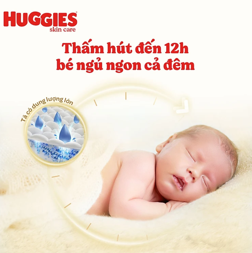 Tã/bỉm dán sơ sinh Huggies Skin Perfect NB 70+4 miếng với 2 vùng thấm giảm kích ứng da