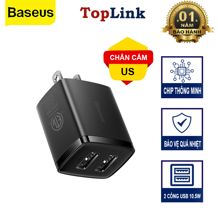 Củ Sạc Nhanh 2 USB Baseus Compact Charger Tốc Độ 10.5W Tương Thích Dòng Điện 100V - 240V - Hàng Chính Hãng