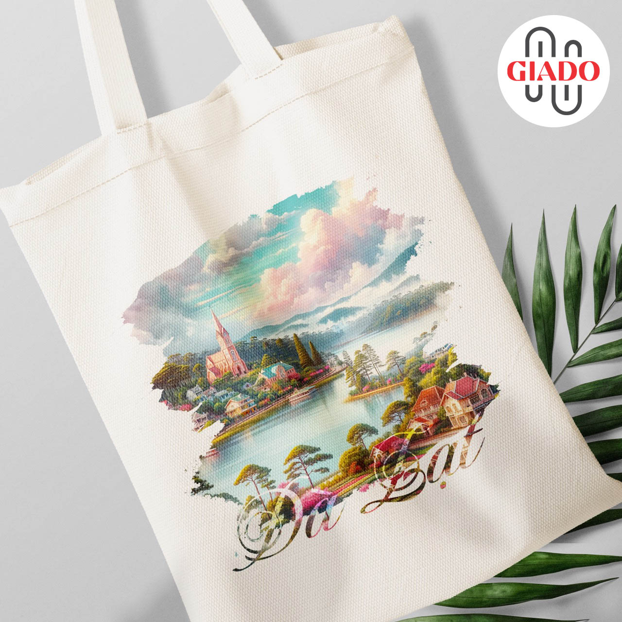 Túi canvas GIADO, túi vải bố, túi tote mẫu Đà Lạt hồ Tuyền Lâm toàn cảnh