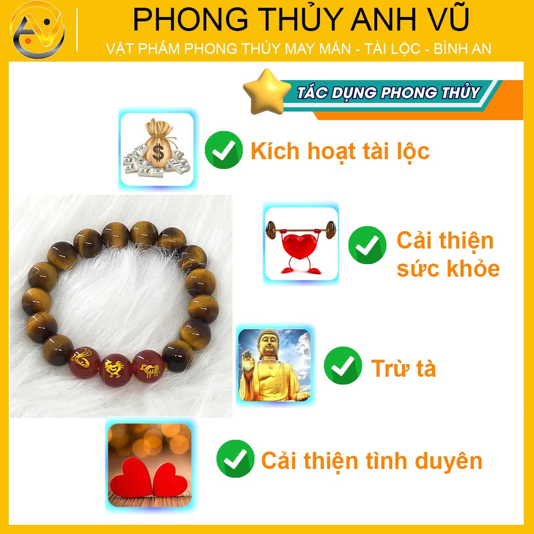 Vòng tam hợp tỵ dậu sửu đã khai quang - chất liệu đá mắt hổ vàng tự nhiên - size 8 10 12ly - may mắn tài lộc - Vòng Tam Hợp Anh Vũ