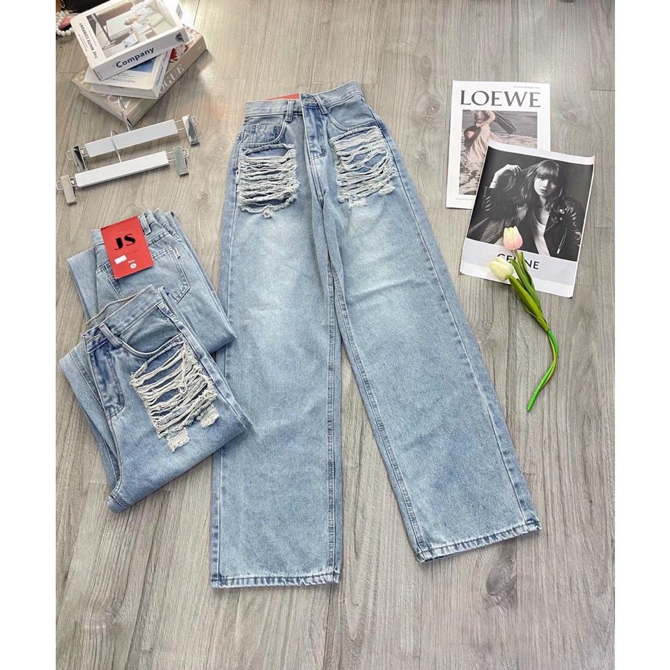 Quần Jeans Nữ Ống Rộng Cào Rách 2 Bên Túi, Quần Bò Ống Rộng Lưng Cao Siêu Phá Cách 2 Màu Xanh Đậm Và Nhạt 310