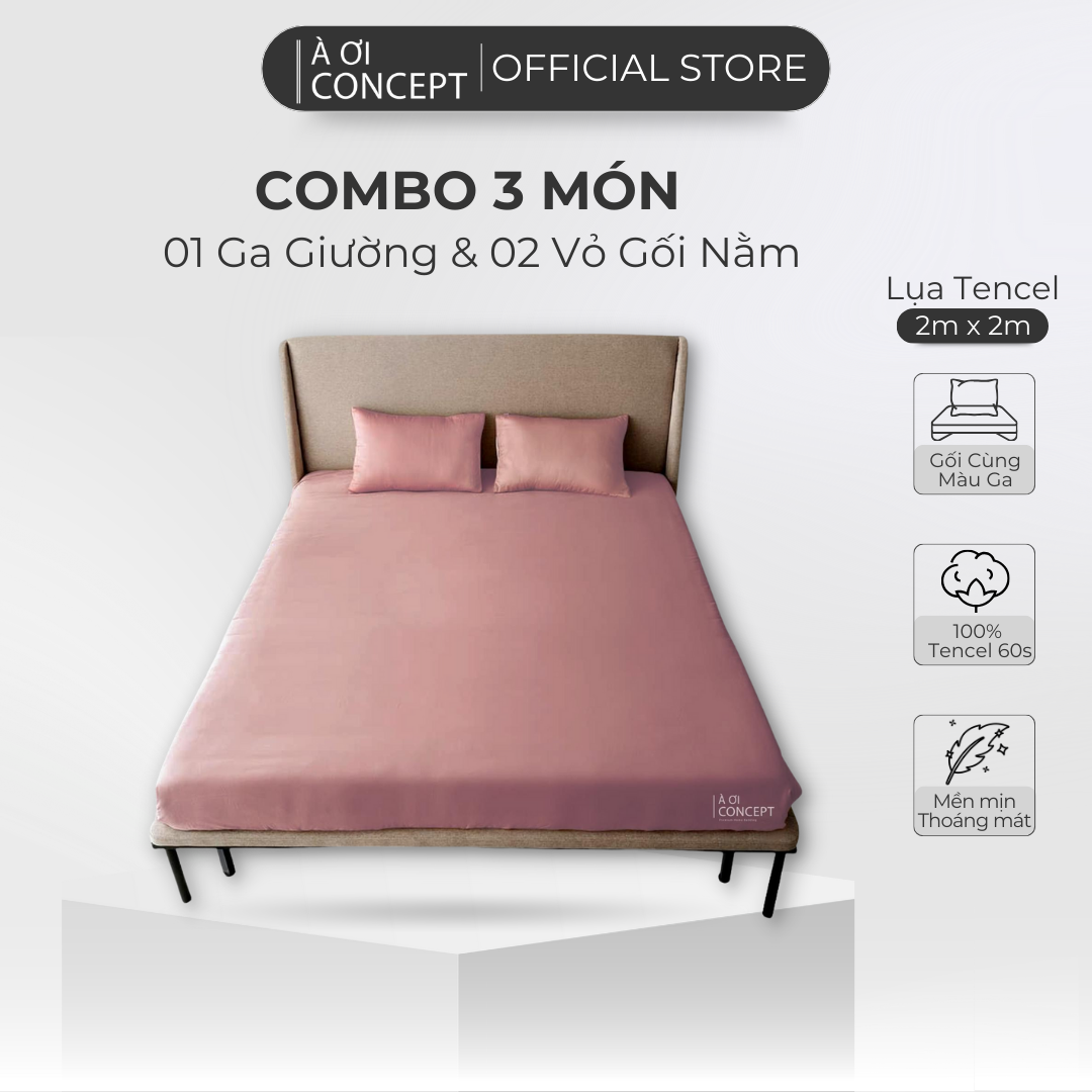 Combo 3 Món Lụa Tencel Ga Giường 2m x 2m và 2 vỏ gối nằm À Ơi Concept cao cấp Hàn Quốc nhiều màu