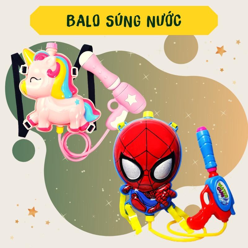 Đồ chơi trẻ em balo phun nước người nhện spider man, chú kỳ lân hồng dễ thương – quà tặng mùa hè cho bé