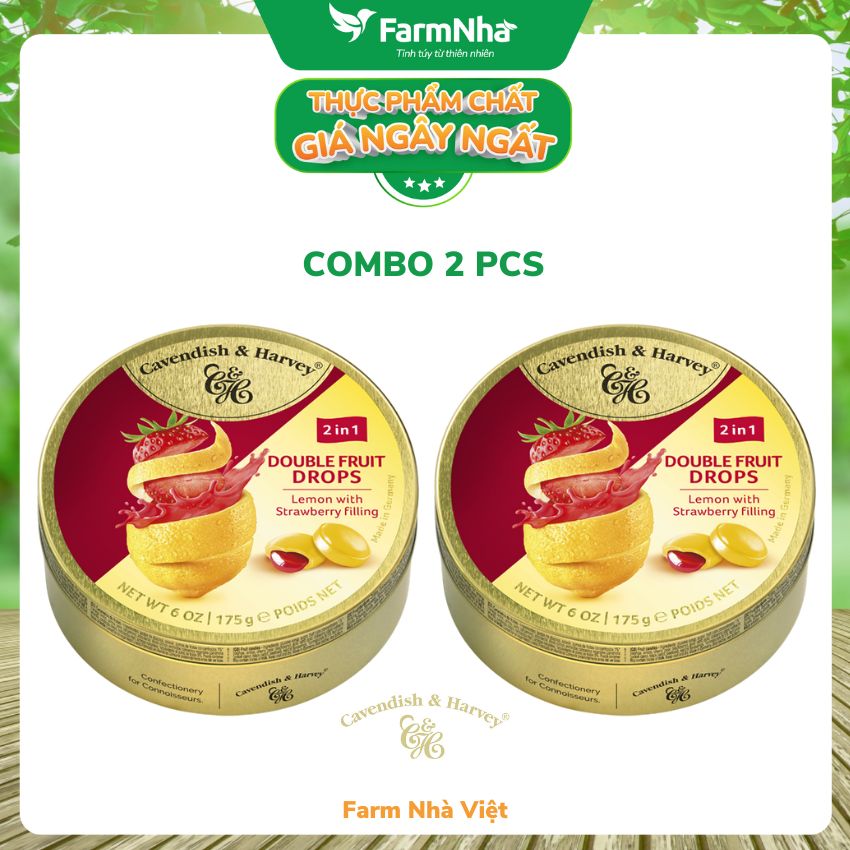 (Combo 2 hộp) Kẹo trái cây Cavendish &amp; Harvey vị LEMON WITH STRAWBERRY FILLING 175gr nhân siro - Vị ngon tự nhiên tuyệt vời từ Đức