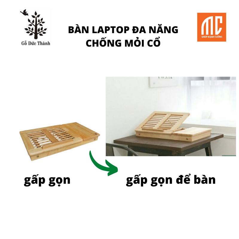 22311 | Bàn laptop đa năng gấp gọn chống mỏi cổ, điều chỉnh độ nghiêng laptop, gỗ tự nhiên nhẵn mịn, có lỗ thoát nhiệt, 2 ngăn để tài liệu