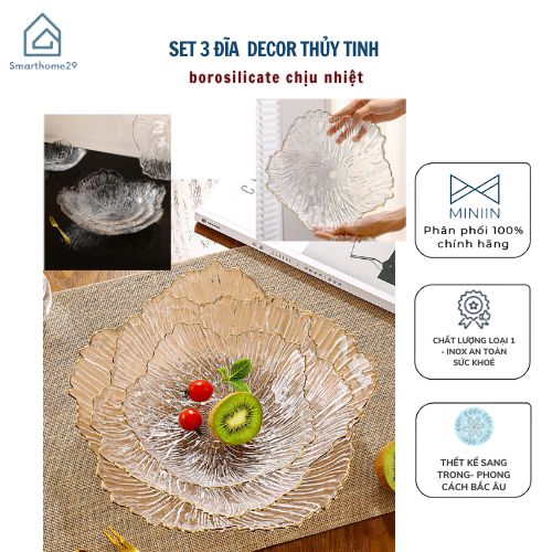 Set 3 Đĩa thủy tinh Decor chịu nhiệt - chịu lực borosilicate viền vàng cao cấp -Đĩa cánh hoa vân đá phong cách Hàn Quốc - HÀNG CHÍNH HÃNG MINIIN